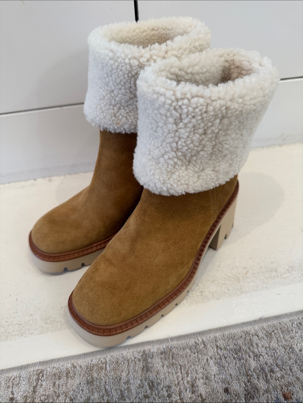 Pedro Garcia Zarela Women’s Tan Suede Shearling Cuff Boot in Alpaca Castoro.
